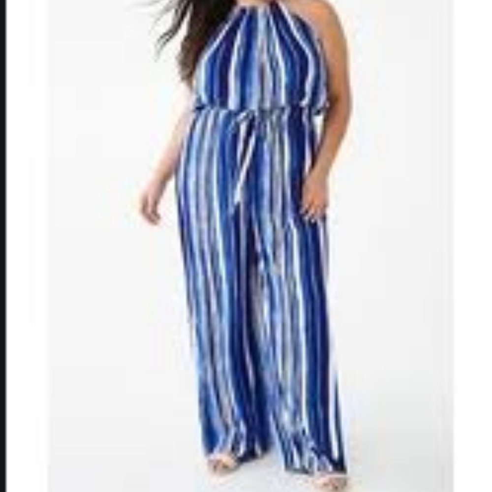 Forever 21+ Blue Striped Jumpsuit